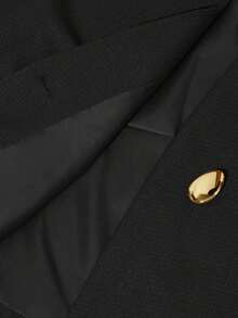 Chaqueta de mujer con cuello en V elegante, hombros anchos, bajo asimétrico, botones decorativos y mangas cortas, diseño minimalista y versátil para el uso diario - Negro - Ver 7