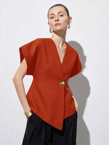 Chaqueta de mujer con cuello en V elegante, hombros anchos, bajo asimétrico, botones decorativos y mangas cortas, diseño minimalista y versátil para el uso diario - Naranja - Ver 6