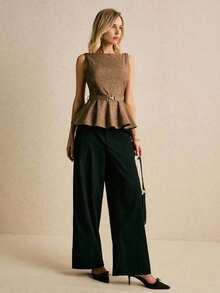 Blusa sin mangas elegante y casual con dobladillo con volantes, para verano - Marrón - Ver 4