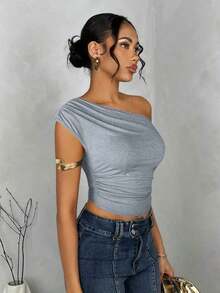 Blusa de verano con hombros asimétricos fruncidos en unicolor para mujer - Gris Claro - Ver 4