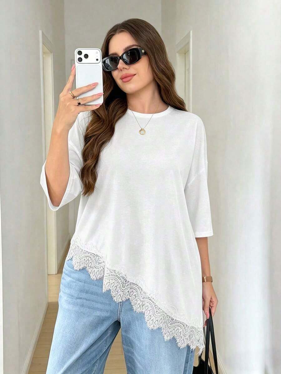 LUNE Camiseta de talla grande con parches de encaje y bajo asimétrico de unicolor - Blanco - Ver 1