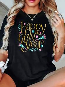 Plus Size Women's Happy New Year Print T-Shirt - Casual Short Sleeve Round Neck Blouse For Summer, New Year's Eve Outfit, Comfortable Casual Spring And Summer Wear, Machine Washable T-Shirt For Year-Round Celebrations 9079-P0 - 黑色 - 查看 8