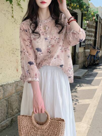Rikumo Damen Lose Retro Ditsy Blumen V-Ausschnitt 3/4 Ärmel Bluse, Sommer Urlaub Rosa Frühling