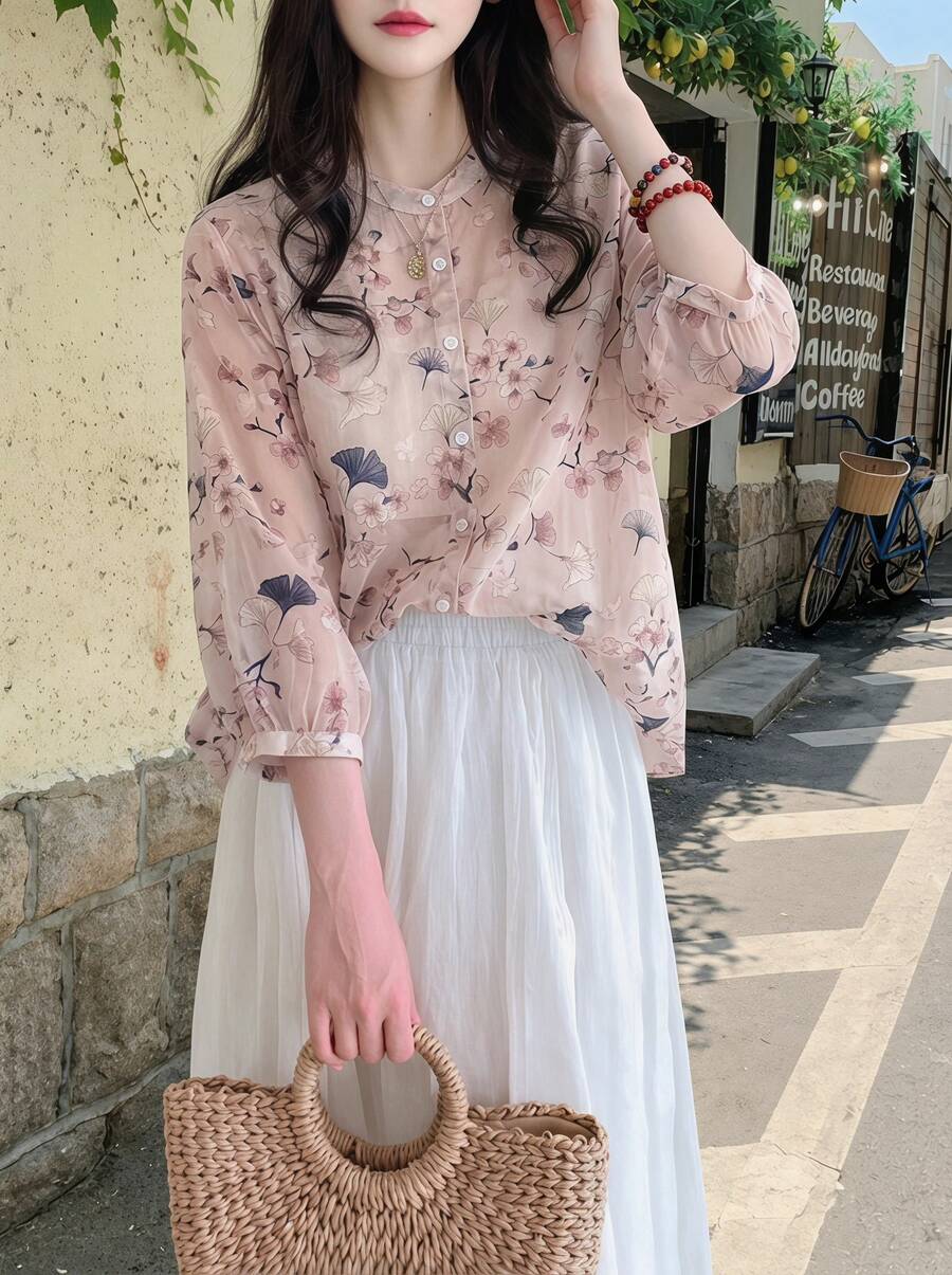 Rikumo 女款寬鬆復古碎花V領七分袖襯衫，夏季度假粉色春季休閒
