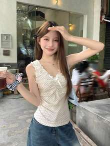 Blusa elegante sin mangas con lazo y lunares, estilo coreano para mujer - Beis - Ver 3