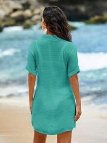 Conjunto de ropa de playa para mujer- Vestido de baño con cuello en V sin mangas como cobertor casual de playa - Verde - Ver 2