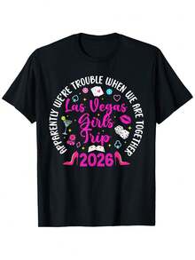 Fun Themed T-Shirt For Girls' Trip To Las Vegas 2026, Round Neck, Short Sleeve, Casual Outfit For Christmas Parties, Christmas Party Clothes, Perfect Holiday Gift. - 黑色 - 查看 1