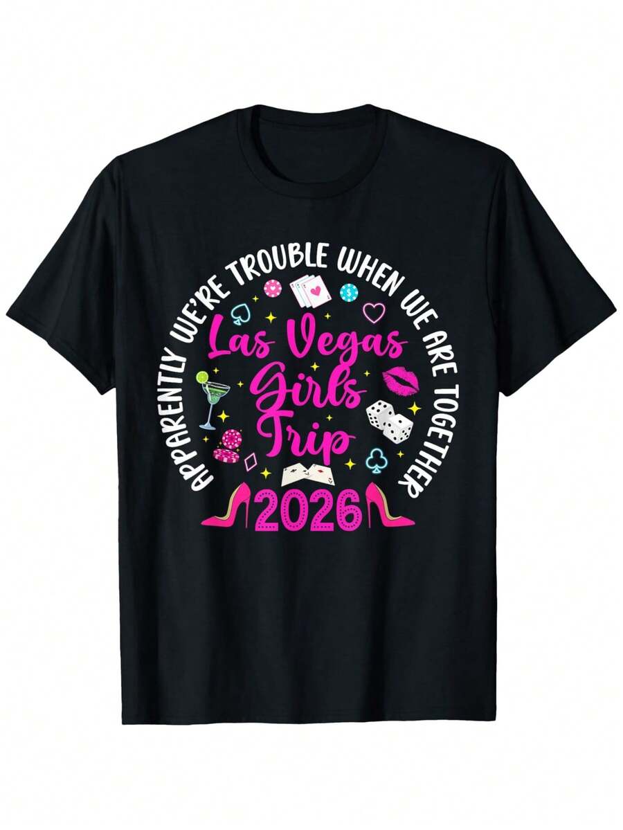 Fun Themed T-Shirt For Girls' Trip To Las Vegas 2026, Round Neck, Short Sleeve, Casual Outfit For Christmas Parties, Christmas Party Clothes, Perfect Holiday Gift. - 黑色 - 查看 1