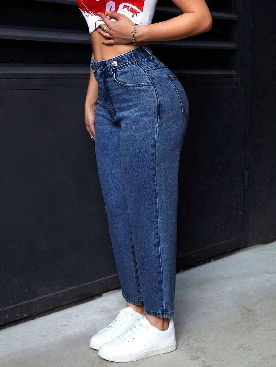 Pantalones vaqueros informales de mujer con bolsillos de forma cónica y multiusos - Azul lavado medio - Ver 1