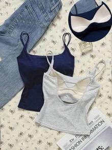 2 piezas Conjunto de camisola sin espalda ajustada para mujer, Camisola sin espalda de verano para mujer, Adecuado para el transporte diario, citas, fiestas, otoño/invierno/verano, Navidad, Año Nuevo, Acción de Gracias, fiestas, bodas, playa, ceremonias de graduación, de moda, elegante, casual, salidas, citas, reservas, transporte, brillante, Día de San Valentín, elegante, vacaciones, casual, Y2K, salidas, ceremonias de graduación y otras ocasiones. - Negro 2 - Ver 1