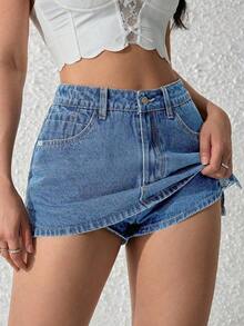 Pantalones cortos de mezclilla casuales y versátiles de unicolor con bolsillo para mujer - Lavado ligero - Ver 7
