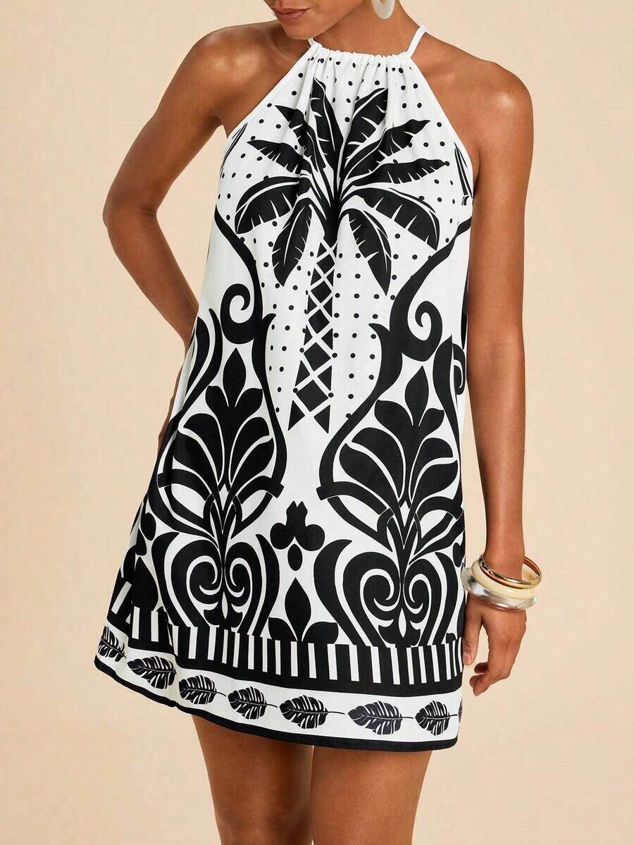 Vestido corto holgado con hombros al descubierto y estampado tejido para mujeres para vacaciones - Blanco y Negro - Ver 1