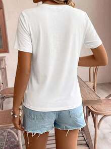 Frenchy Camiseta casual de manga corta para uso diario con corazón bordado en hilo dorado para mujer, camiseta de verano para mujeres con atuendo de fiesta de té de algodón, parte superior bordada, camiseta de algodón para mujeres.Tops de verano - Blanco - Ver 4