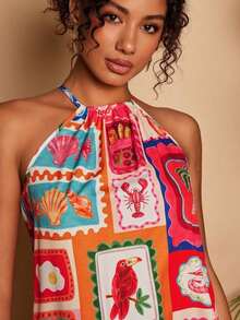 Vestido corto holgado con hombros al descubierto y estampado tejido para mujeres para vacaciones - Multicolor 9 - Ver 4