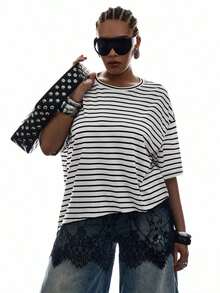 Camiseta holgada de encaje con dobladillo asimétrico a rayas para mujer de talla grande - Blanco y Negro - Ver 5