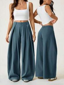 Pantalones anchos de verano con dobladillo curvo verde, estilo vintage, casual y para salir - Azul - Ver 2