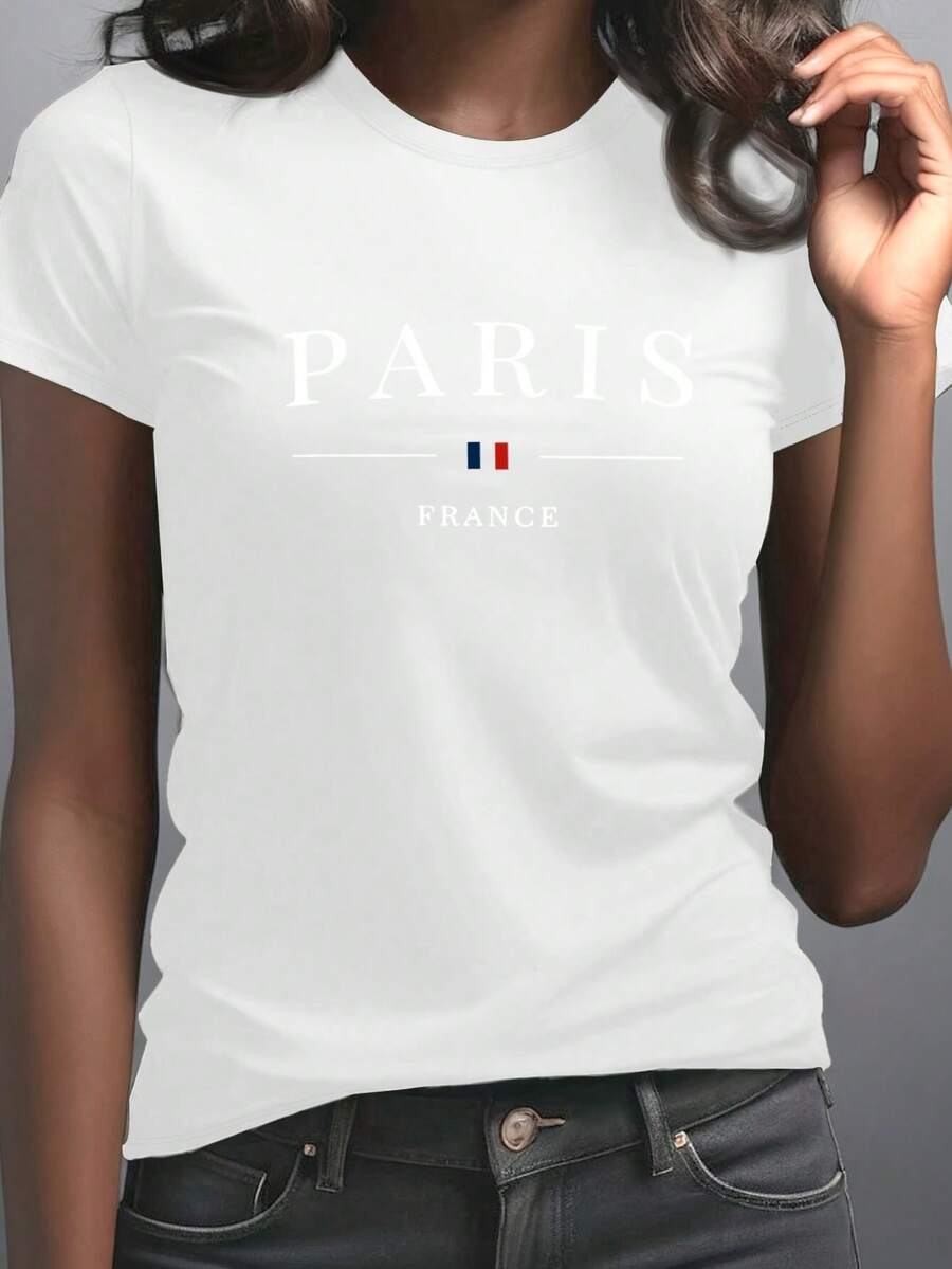 Women's Paris, France Graphic T-Shirt - Green Short Sleeve Casual Crew Neck Tee With Eiffel Tower And French Flag Design, Comfortable Medium Elastic Fit For Casual Wear, Women's T-Shirts - 白色 - 查看 1