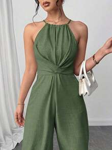 Mono sin mangas de un solo color con diseño cruzado para mujer, atuendo elegante para festivales, fiestas, festivales de música, temporada de graduación, playa, vacaciones y uso diario - Verde militar - Ver 2