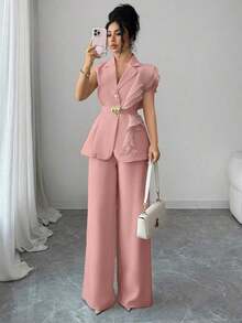 Traje formal elegante de mujer color albaricoque, conjunto de blazer con cuello de volantes de organza con lentejuelas y cintura con lazo, que incluye chaqueta sin mangas y pantalones rectos, color burdeos, adecuado para Halloween, Navidad, - Rosa Pálido - Ver 7