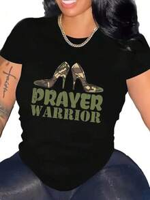 1 Piece Unisex Loose Fit T-Shirt 180g 100% Pure Cotton, Unique Prayer Warrior T-Shirt With Eye-Catching Camouflage Heel Design, Perfect To Show Your Style And Strength, Ideal For Any Occasion, Combining Comfort And Mexican Fashion, Available In Various Sizes, Don't Miss Out! - 黑色 - 查看 6