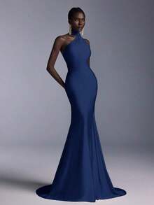 Vestido largo de sirena con espalda abierta y ajustado, de estilo minimalista, adecuado para asistir a fiestas formales, reuniones y galas formales de damas - Azul marino - Ver 7