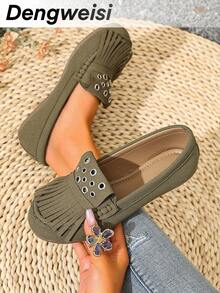 Green Tassel Rivet Decor Flat Round Toe Casual Comfortable Versatile Lightweight Daily Office Vacation Slip-On Shoes For Women, All Season - Olive Green - View 2