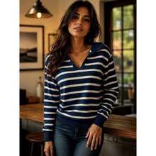 Women's Long Sleeve Striped Polo Shirt, Modal Knit, Elegant Casual Fashion For Mid-Season - Màu xanh hải quân - Xem 2
