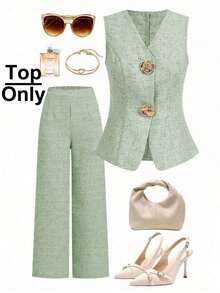 Blusa sin mangas con botones de metal en forma de rosa, estilo francés, para uso casual y de oficina, blusa de verano de alta gama - Verde - Ver 1