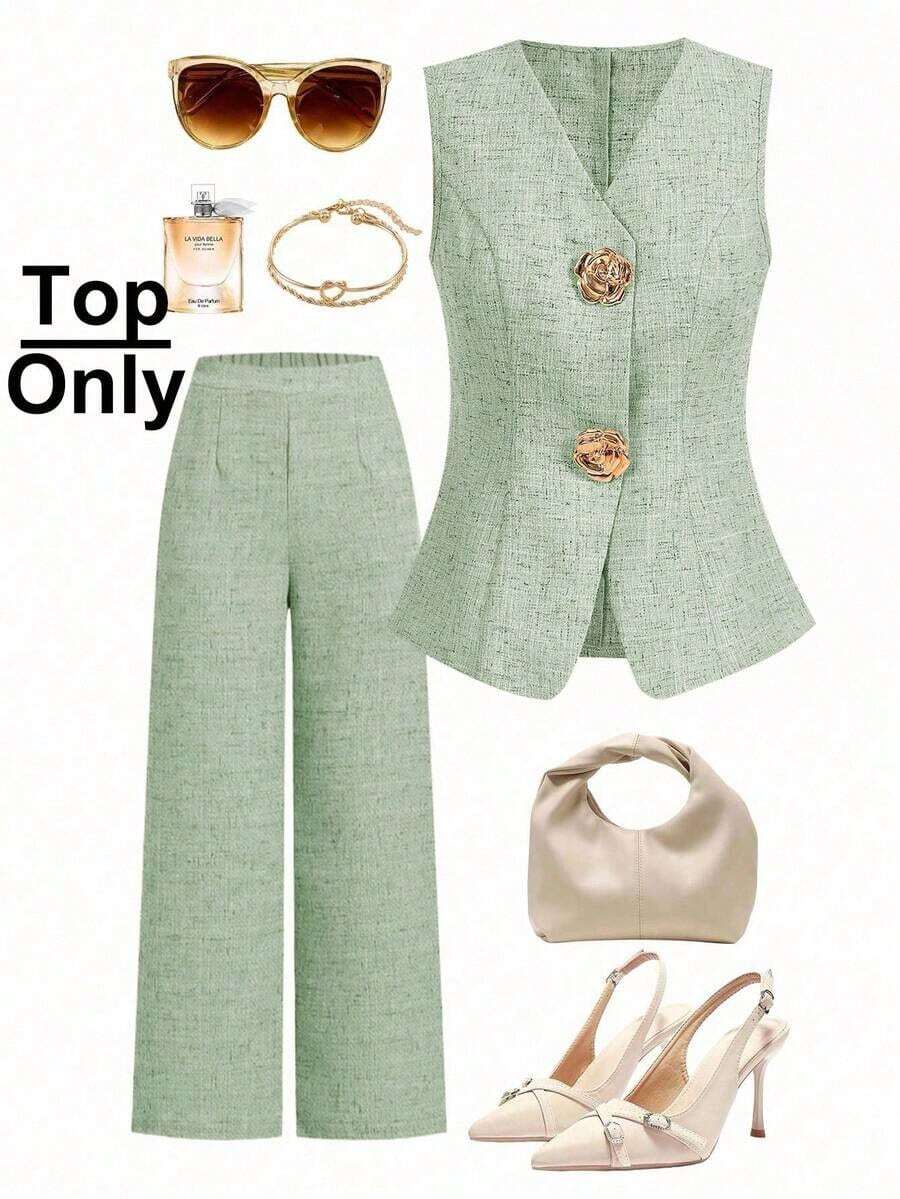 Blusa sin mangas con botones de metal en forma de rosa, estilo francés, para uso casual y de oficina, blusa de verano de alta gama - Verde - Ver 1