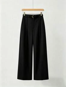 Mid-Waist Solid Color Elegant Straight Leg Pants With Belt Black Spring - Black - View 2