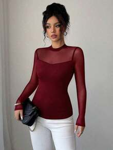 Blusa de manga larga elegante de unicolor con empalme transparente y ajuste elástico para mujer, otoño/invierno - Burdeos - Ver 4