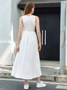 Vestido elegante de unicolor con cintura redonda y cuello ceñido en línea A para mujer, ajuste casual básico de negocios adecuado para bodas, conciertos, ceremonias - Blanco - Ver 3