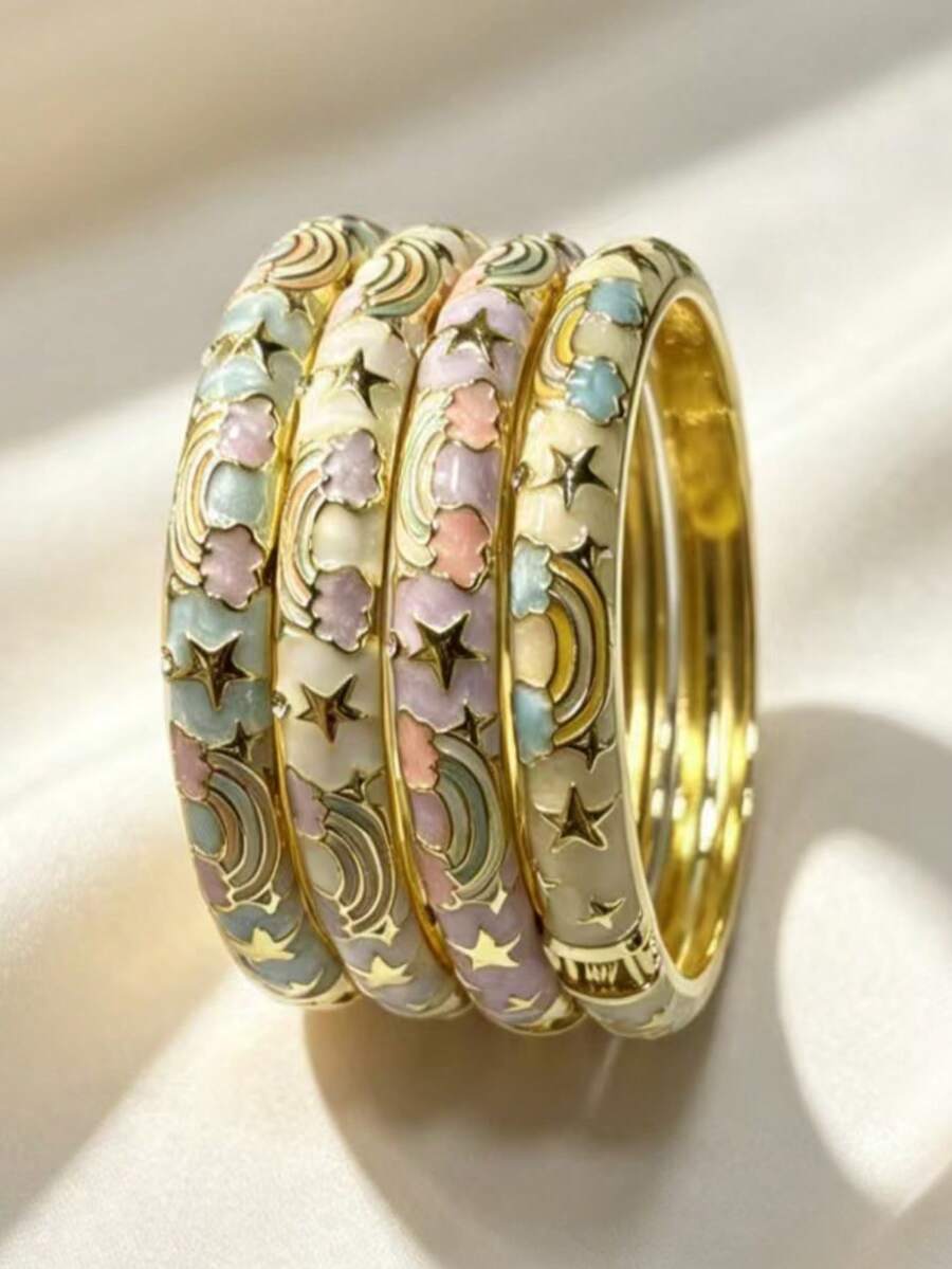 1pc 18K Gold Plated Rainbow Star Enamel Bracelet, Soft Floral And Star Pattern, Elegant Daily And Party Accessory, Gift For Women - Five-pointed Heart Style Bracelet - View 1