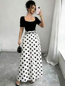 YHHRafferiza Petite Vestido midi de mujer con escote cuadrado y mangas cortas con estampadoYHH - Multicolor 2 - Ver 12