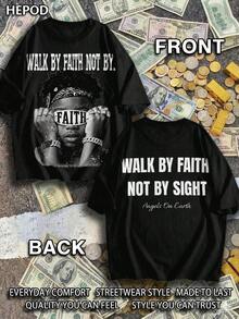 Premium Casual Unisex T-Shirts, Graphic Tees For Men, Urban Style Cotton T-Shirt, Round Neck, Loose Fit, For Autumn Travel And Holidays, Unisex, Gothic And Y2K Style, Print "Walk By Faith, Not By Sight". - 黑色 2 - 查看 1
