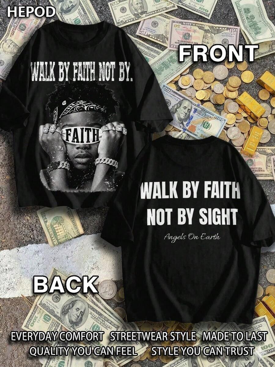 Premium Casual Unisex T-Shirts, Graphic Tees For Men, Urban Style Cotton T-Shirt, Round Neck, Loose Fit, For Autumn Travel And Holidays, Unisex, Gothic And Y2K Style, Print "Walk By Faith, Not By Sight". - 黑色 2 - 查看 1