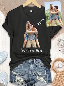 Personalized T-Shirt With Text And Photo, Custom Image T-Shirt, Family Photo T-Shirt, Personalized Gift T-Shirt, Birthday Photo T-Shirt, Custom Text T-Shirt, Gifts For Family And Friends, Holiday Gifts - 黑色 - 查看 7