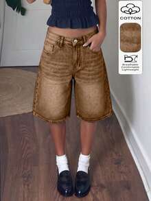 Quần short denim nữ kiểu dáng thường ngày, có túi và cúc. - màu nâu - Xem 2