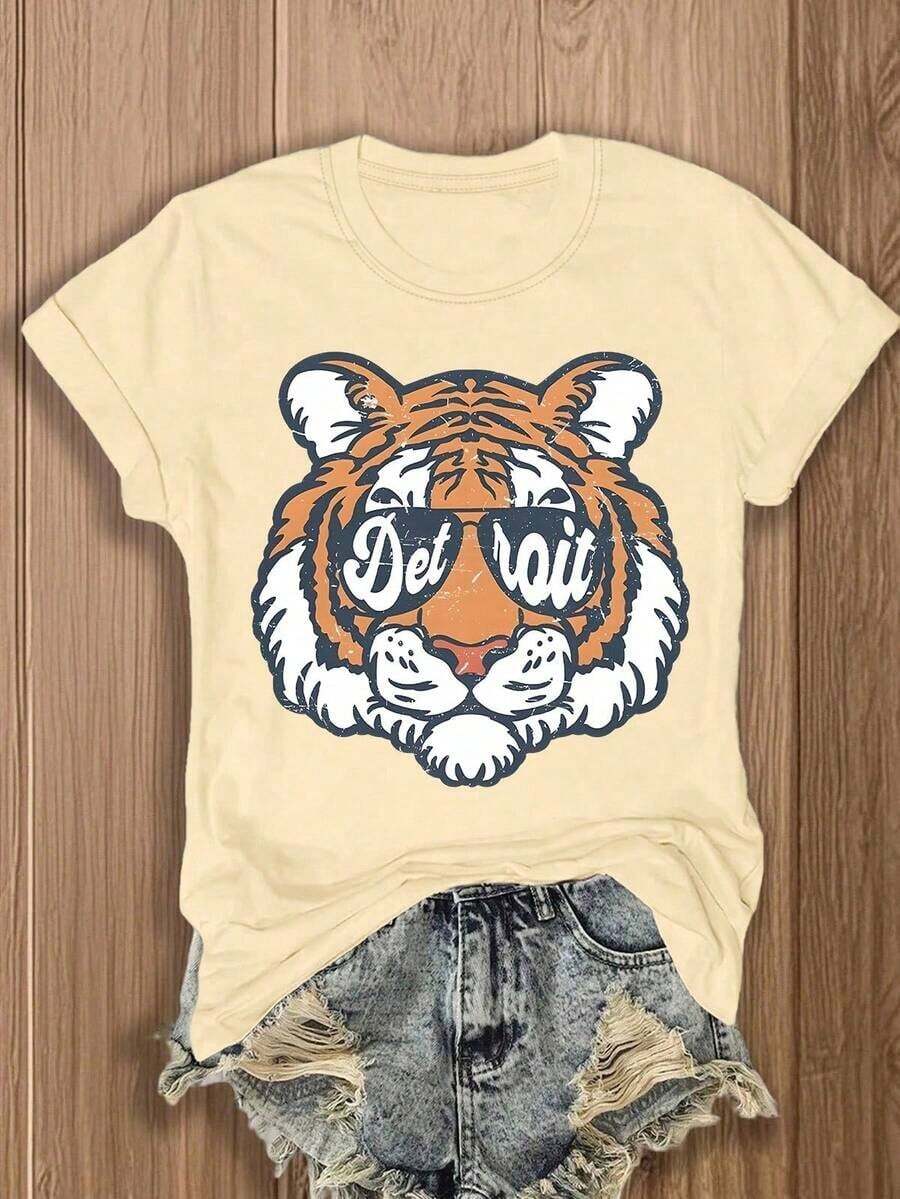 Cute Unisex Premium Casual T-Shirts [Retro Detroit Tiger T-Shirt] Women's T-Shirt With Retro Detroit Tiger Mascot Graphic Print | Nostalgic Urban Pride, Comfortable In All Seasons, Machine Washable T-Shirt, Cute And Casual Summer Graphic Tees For Women - 杏色 - 查看 1