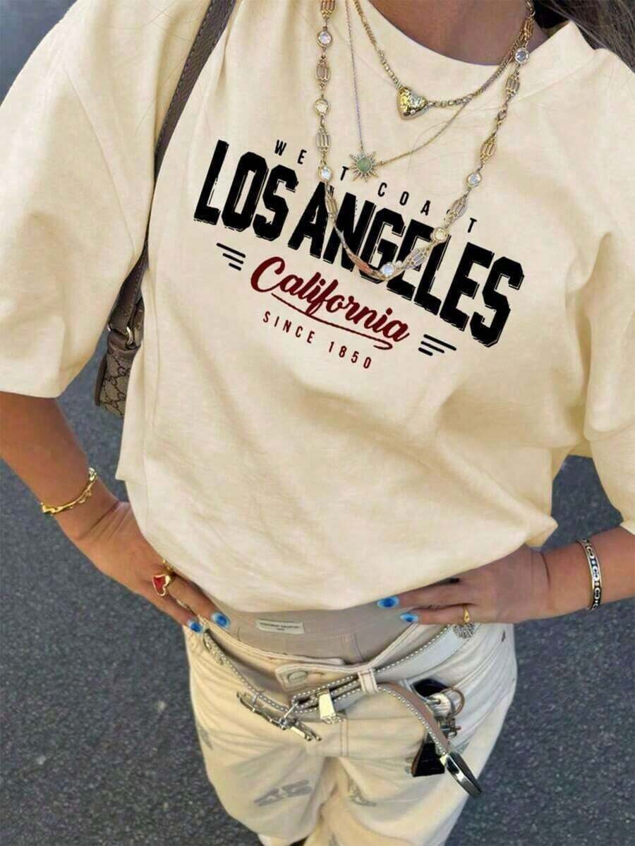 Women's Short-Sleeved T-Shirt, Casual Summer Style, With Los Angeles Slogan Print, Loose And Versatile, With Round Neck, Ideal For Everyday Wear And Holidays. - 白色 - 查看 1