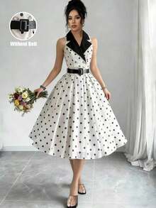 Vestido de verano de longitud media sin mangas con estampado de lunares, elegante y apropiado para ir al trabajo - Multicolor - Ver 9