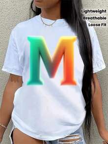 Camiseta Deportiva Casual para Mujer con Diseño  Colorido en Gradiente - Camiseta Blanca Elástica y de Cuello Redondo, Lavable aáquina, Ajuste Cómodo y Perfecta para Todas las Estaciones, para Uso Diario y Actividades Informales. - Blanco - Ver 7