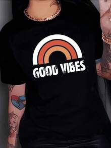 Rainbow In Warm Tones Symbolizing Positive Energy And Inner Joy With A Message That Inspires Confidence And Daily Well-Being. Comfortable Casual Women's T-Shirt For Urban Use. - Black - View 8