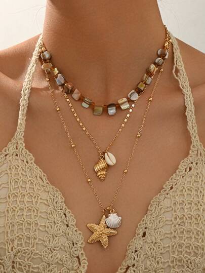 3pcs/Set Handmade Bohemian Style Ocean Beaded Necklace, Fashion Versatile Colorful Shell & Starfish Pendant Necklace, Suitable For Daily Wear, Travel And Party
