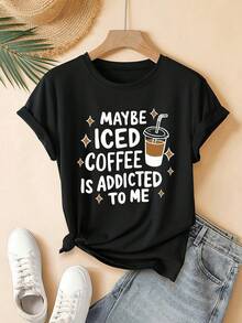 Plus Size Women's One-Piece Casual Essential, Spring/Summer Clothing, "Coffee Makes Me Addicted" Print T-Shirt, Round Neck, Short Sleeve, Casual Fashion Top, Elegant Party Wear, Loose Fit, Holiday Gift, Fun Design, Everyday Wear, Loungewear, Soft Cotton Daily Wear. - 黑色 - 查看 1