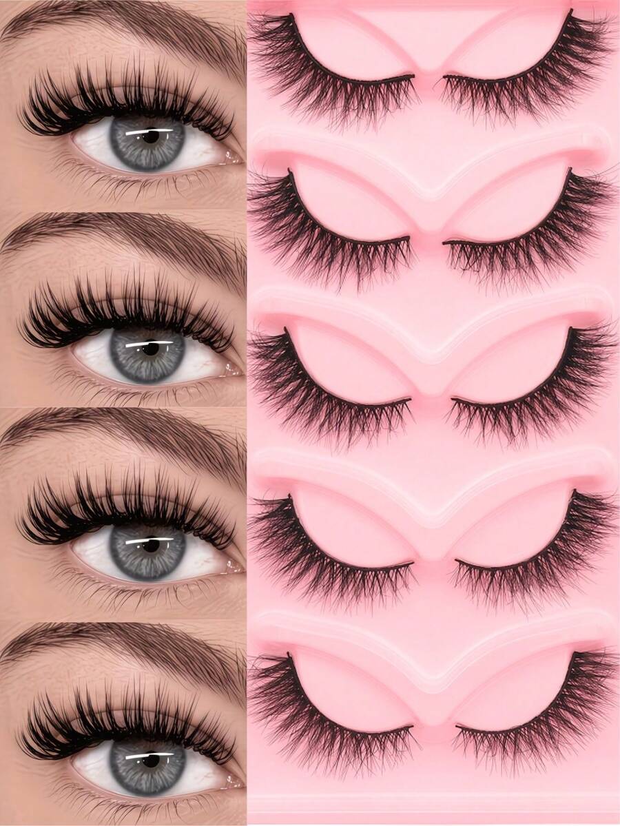 5 pares de pestañas postizas W55, estilo europeo y americano rizado y estereoscópico, que crean fácilmente un maquillaje de ojos de gato mixto natural, grado de rizado D, 5 pares, longitud mixta de 6-14 mm, ajuste natural a la forma del ojo. Material ligero y amigable con la piel, reutilizable, fácil para principiantes, ahorra tiempo de maquillaje DIY, adecuado para el transporte diario, citas, salidas, gran regalo para novias y días festivos.