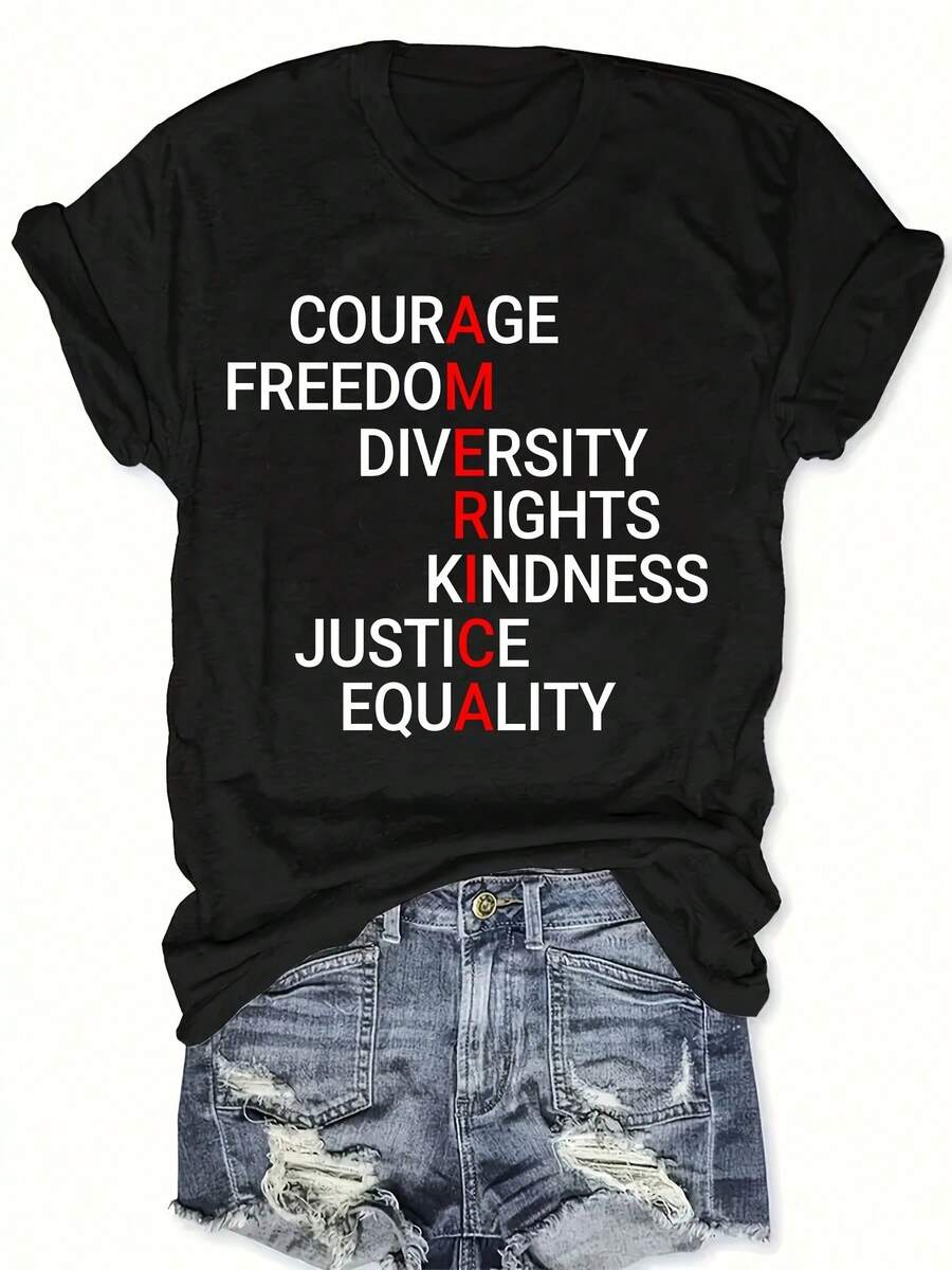 Women's One-Piece Casual Activewear, Spring/Summer, Courage, Freedom, Diverse Rights, Kindness, Justice, Equality, Crew Neck Sweater, Comfortable And Soft Women's T-Shirt, Elegant For Parties, Holiday Gift, Moisture-Wicking, Casual Gym Wear. - 黑色 - 查看 1