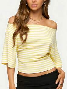 Off Shoulder Top For Women Straight Neckline Fitted Short Sleeve Ruched Blouse - Yellow - View 1