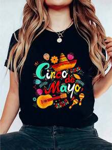 1 Piece Black T-Shirt With Hat And Guitar Print For Women, Cinco De Mayo Style, Unisex, Casual, Round Neck, Lightweight Knit Fabric, Machine Washable, For Spring/Summer/Autumn, Cinco De Mayo/Christmas/Valentine's Day, 180g 100% Cotton. - 黑色 - 查看 1