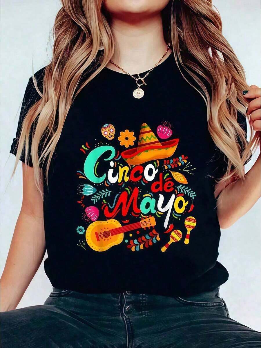 1 Piece Black T-Shirt With Hat And Guitar Print For Women, Cinco De Mayo Style, Unisex, Casual, Round Neck, Lightweight Knit Fabric, Machine Washable, For Spring/Summer/Autumn, Cinco De Mayo/Christmas/Valentine's Day, 180g 100% Cotton. - 黑色 - 查看 1